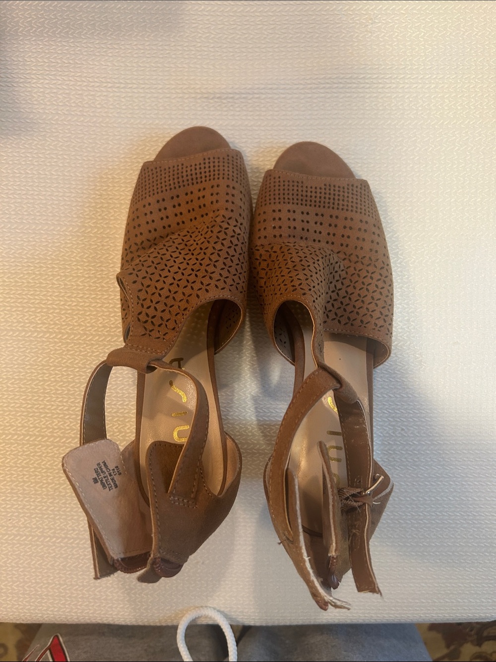 Unisa Brown Laser-Cut Open-Toe Slingback Heels